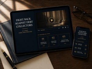 Fight Back Against Debt Collectors 3-part video masterclass shown on a tablet and phone, in MoneyCodez navy and gold