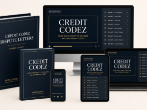 Credit Codez course bundle and Dispute Letters Master Library shown across desktop, laptop, tablet and phone in MoneyCodez navy and gold
