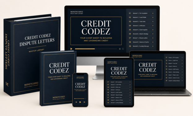 Credit Codez course bundle and Dispute Letters Master Library shown across desktop, laptop, tablet and phone in MoneyCodez navy and gold