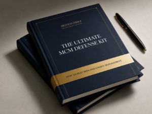 The Ultimate MCM Defense Kit hardcover dossier with gold band reading How to Beat Midland Credit Management, in MoneyCodez navy and gold