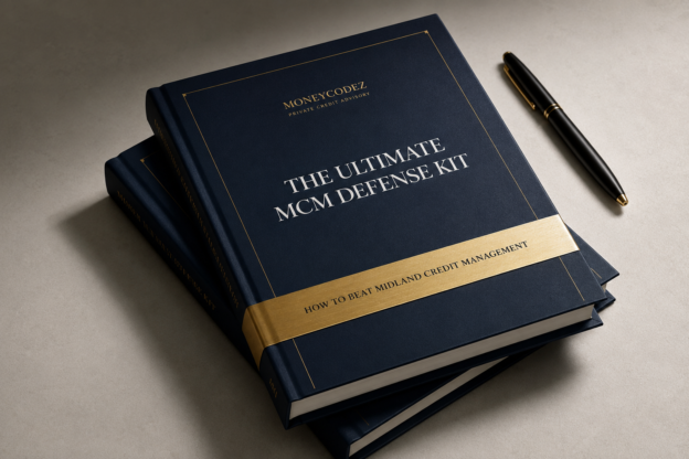 The Ultimate MCM Defense Kit hardcover dossier with gold band reading How to Beat Midland Credit Management, in MoneyCodez navy and gold