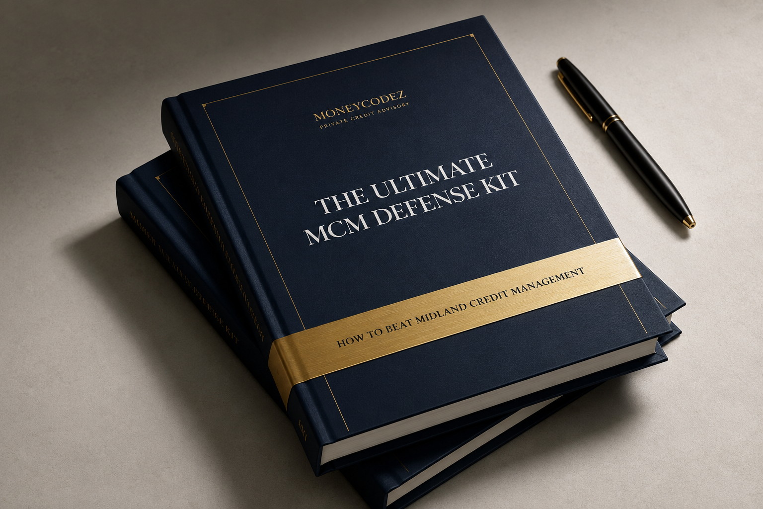 The Ultimate MCM Defense Kit hardcover dossier with gold band reading How to Beat Midland Credit Management, in MoneyCodez navy and gold