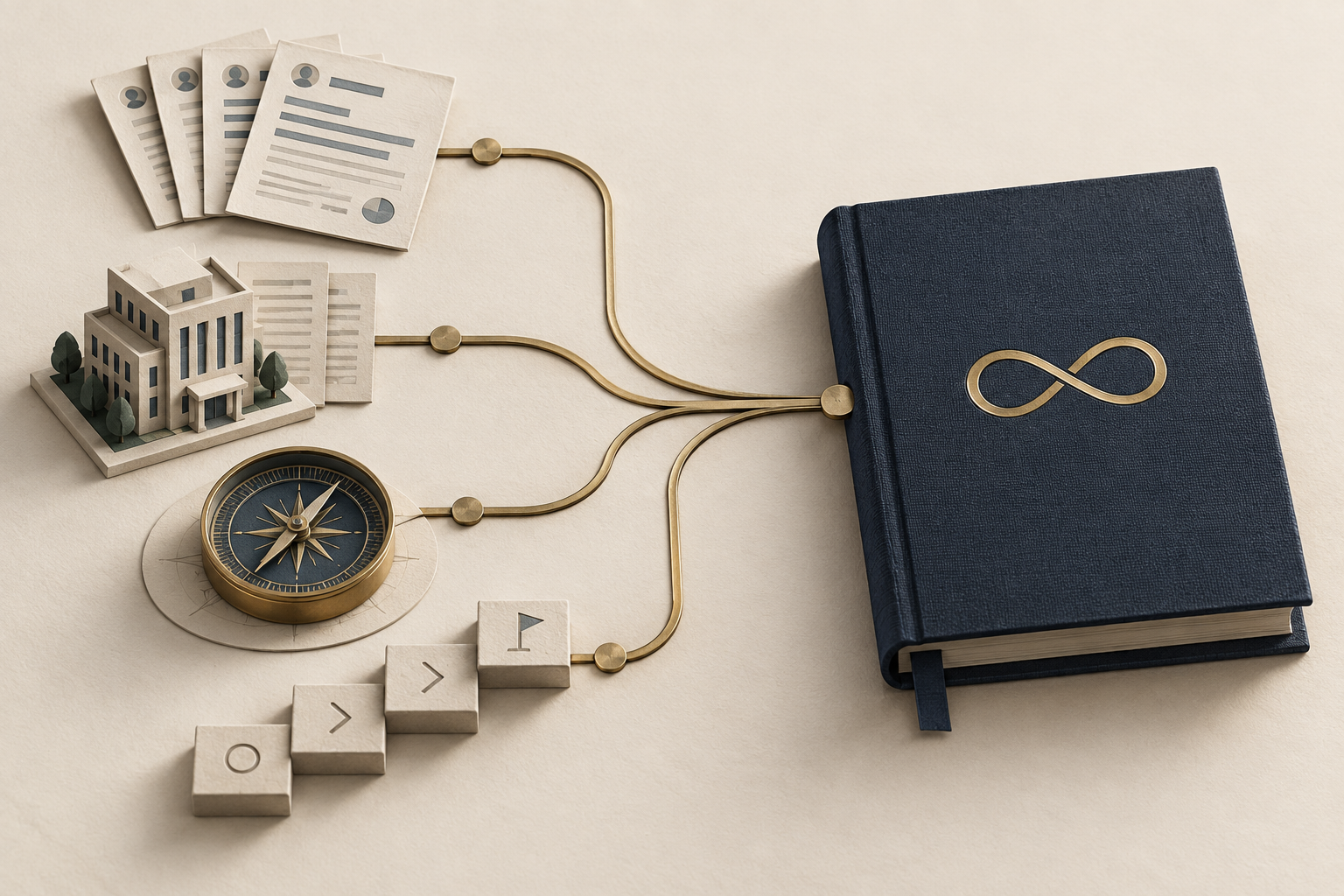 Conceptual illustration: personal-credit evidence, business foundation, capital fit and execution connect into one Infinity plan