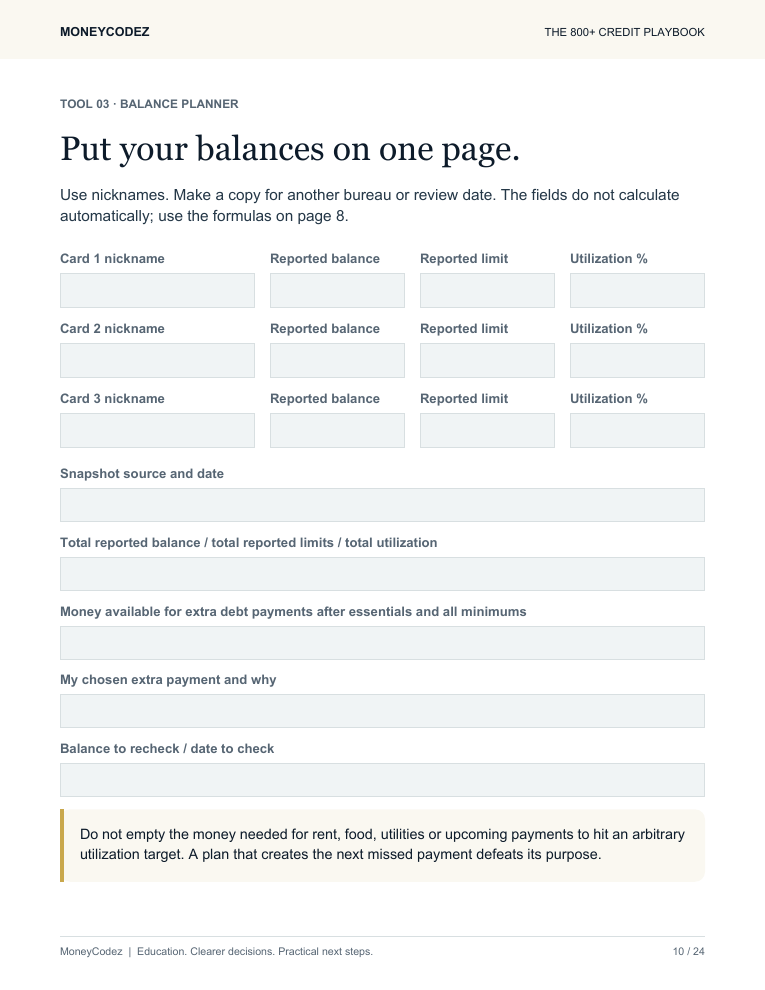 Preview of the balance planner with card balances, limits and an affordable payment plan.