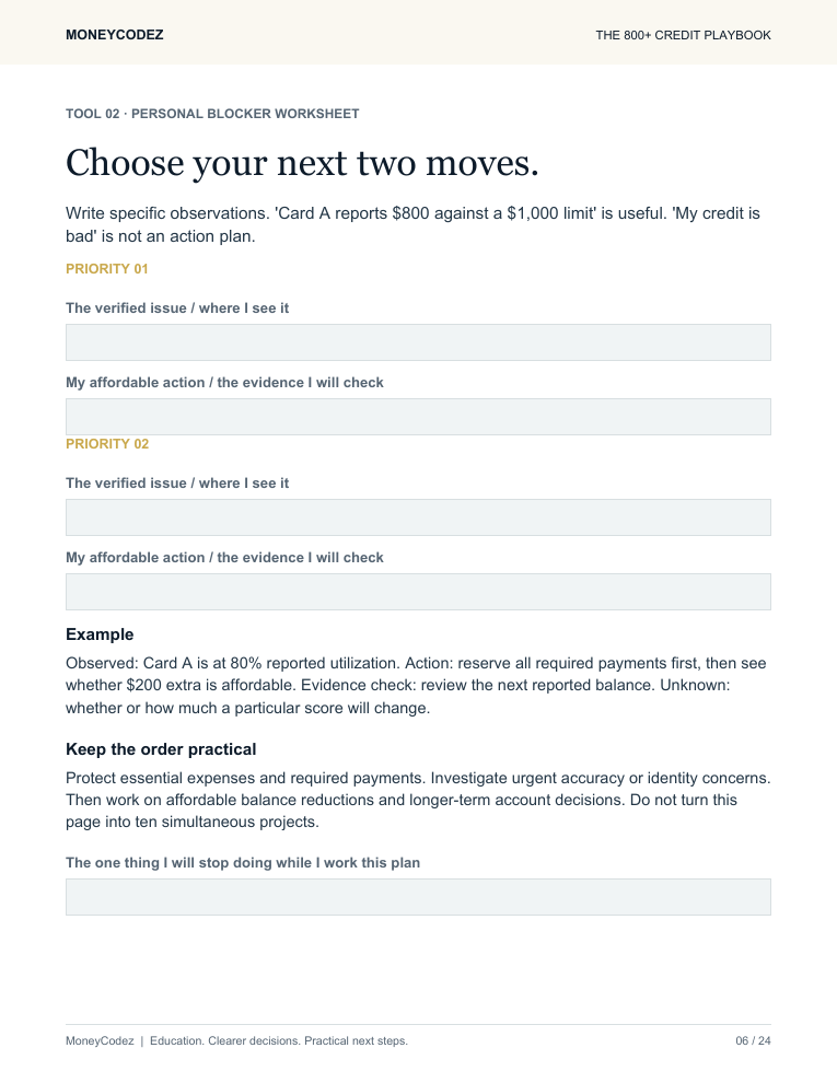 Preview of the personal blocker worksheet with two priorities and an evidence check.
